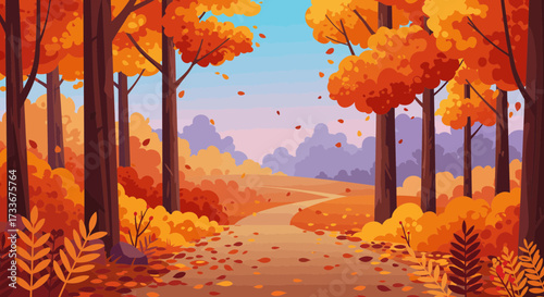 Vibrant autumn forest path winding through colorful foliage with falling leaves creating a magical scene