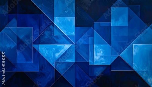 An abstract design with overlapping geometric shapes, utilizing a variety of blue shades and textured effects, creating a visually dynamic composition