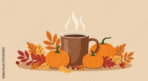 Cozy autumn scene with steaming coffee mug, pumpkins, and vibrant fall leaves evokes warmth and seasonal comfort, perfect for festive designs.