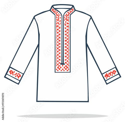 Traditional Embroidery Shirt with Long Sleeves and Geometric Patterns in Red