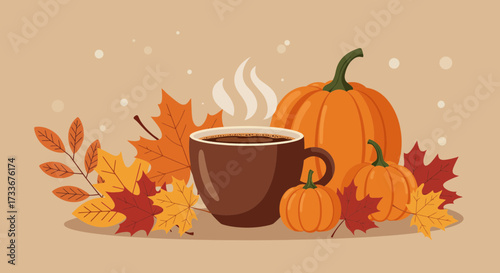 Cozy autumn scene featuring a steaming coffee mug surrounded by vibrant pumpkins and colorful fall leaves, perfect for seasonal promotions and festive designs.