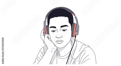 Listening to Music A Young Person Enjoying Melodies with Headphones, Contemplative Mood