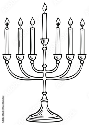 Traditional seven-branched menorah with lit candles illustration for religious and cultural themes.