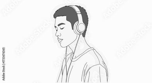Wallpaper Mural Contemplative Line Art Young Man Immersed in Music with Headphones On Torontodigital.ca