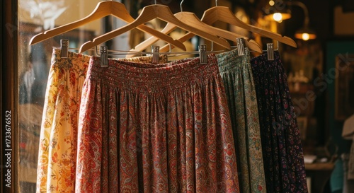 Colorful Bohemian Skirts Hanging on Hangers