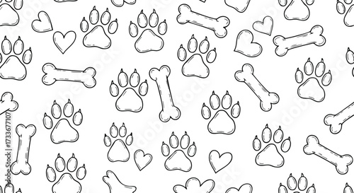 Adorable vector pattern with simple sketched dog paw prints, stylized bones, and sweet heart shapes, creating a charming and repeatable animal lover background