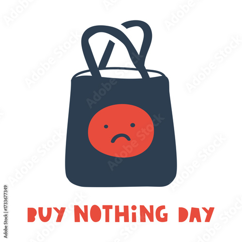 Sad Shopping Bag for Buy Nothing Day. Flat Vector Illustration with Unhappy Smiley Face Isolated on White Background.