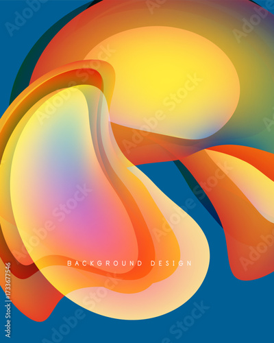 Abstract shapes overlap, vibrant colors blend. Yellows, oranges, blues create dynamic composition. Modern design element.