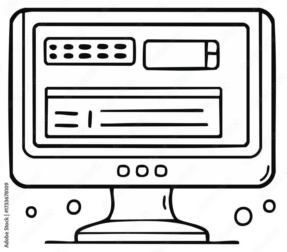 Fototapeta premium Simple hand-drawn computer monitor with data displays and control buttons