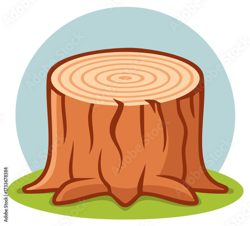 Cartoon tree stump with growth rings on green grass and light blue background.