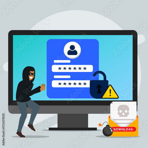 Hacker stealing password with phishing email, malware, and unlocked padlock. Concept of cybercrime, hacking, online security breach, and data theft.