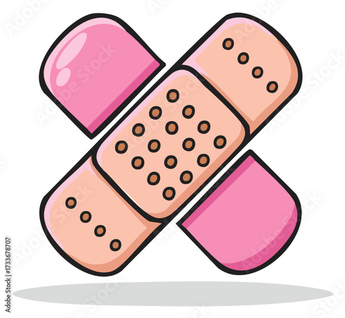 Cartoon illustration of crossed bandage medical aid for health and injury treatment.