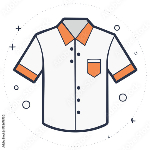 White Short Sleeve Collared Shirt with Orange Accents and Pocket Vector Icon