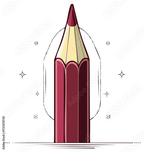 An illustrated red and yellow pencil stands upright, surrounded by subtle, geometric symbols in a clean design
