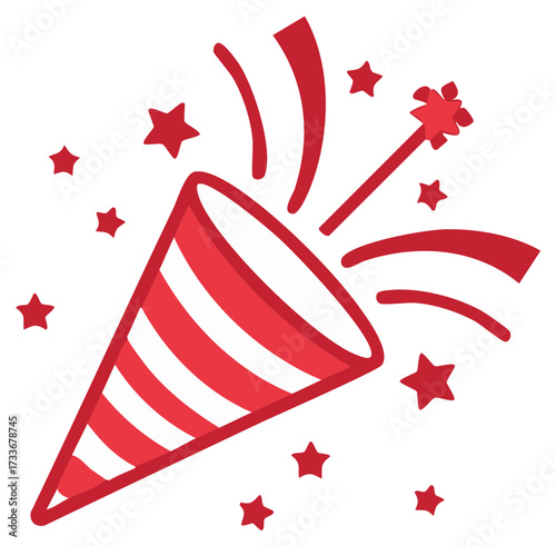 Celebratory red and white striped party popper with bursting stars and confetti for festive events