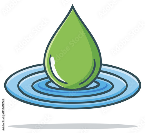 Green Liquid Drop on Blue Water Surface with Ripples Cartoon
