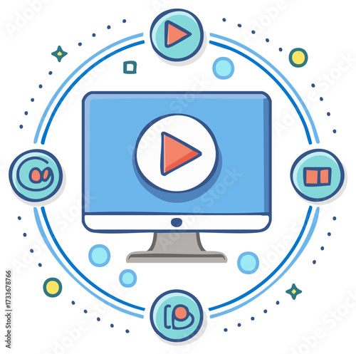 Online video marketing and digital content hub concept with computer monitor and media icons.