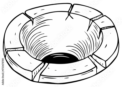 Hand drawn illustration of a broken circular stone well with a dark opening.