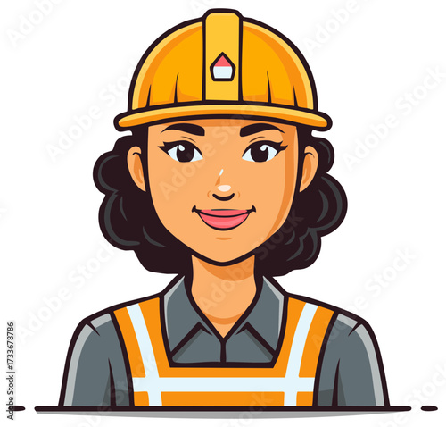Illustration of a smiling female construction worker wearing a hard hat and safety vest