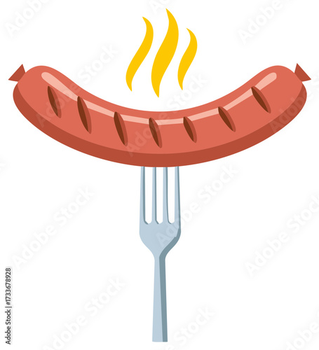 Steaming Hot Sausage on Fork with Rising Heat Icon, Grilled Meat Flat Design Vector