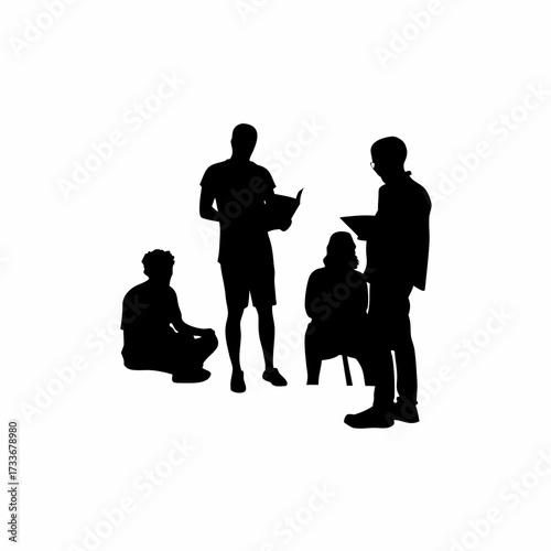 Silhouette of volunteers organizing community storytelling sessions isolated on white background