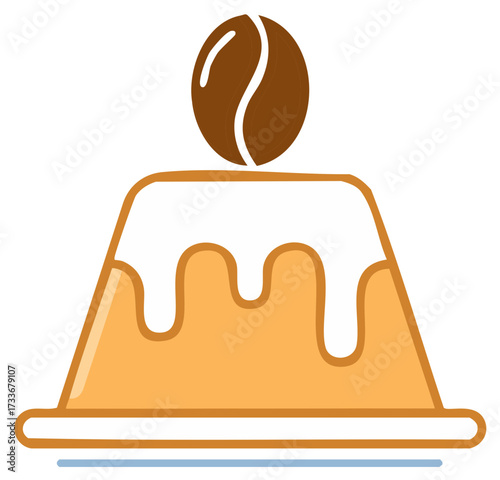 Illustration of coffee flan dessert with coffee bean on top, modern icon design