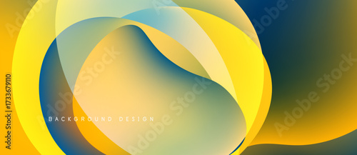 Abstract fluid shapes blend, creating vibrant yellow, blue gradients. Modern design evokes energy, movement, smooth transitions.