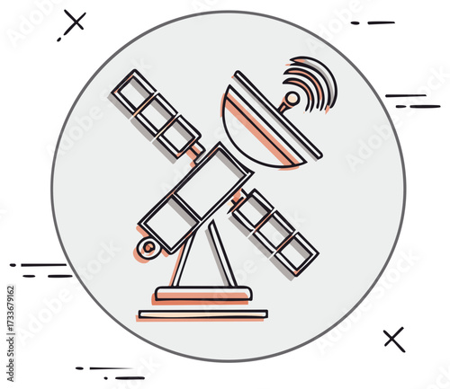 Modern line art icon of a satellite dish broadcasting a signal for global communication technology