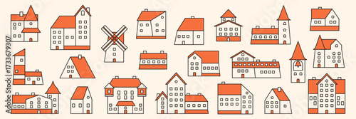 Set tiny house and small home with doodle outline building in a Swedish village neighbourhood.