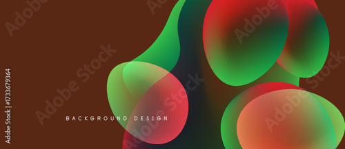 Abstract fluid shapes overlap, creating vibrant color blends. Brown backdrop complements dynamic design elements. Modern, artistic presentation.
