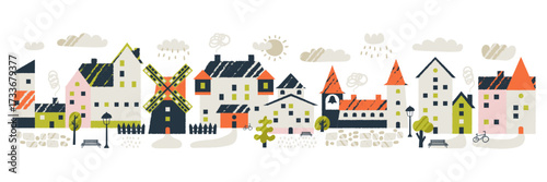 Tiny cute doodle houses and trees on a small street with clouds in a Swedish city.