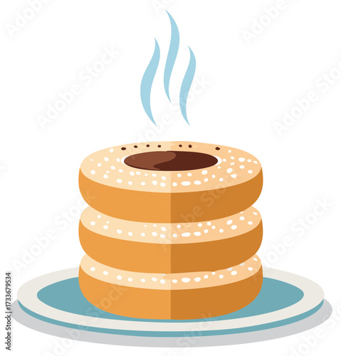 Delicious stack of three hot donuts with chocolate and white sprinkles on a plate