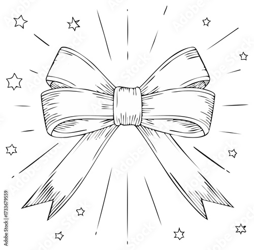 Festive Outline Bowtie with Starbursts, Decorative Illustration for Celebration, Holiday, and Gift Themes