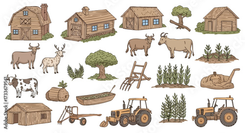 Farm and Agricultural Life Barns, Animals, and Equipment Vector Set