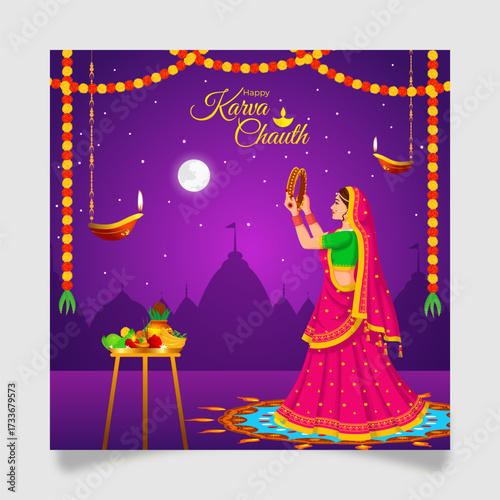 Vector illustration of Happy Karwa Chauth social media template