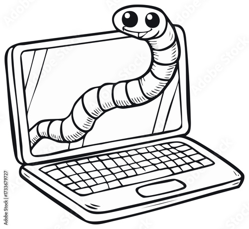 Cartoon Worm Invading Laptop Screen Concept Illustration, Computer Bug, Virus or Malware
