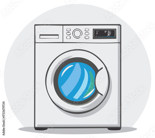 Front load washing machine drawing style stands on light shadow base with water in the machine door