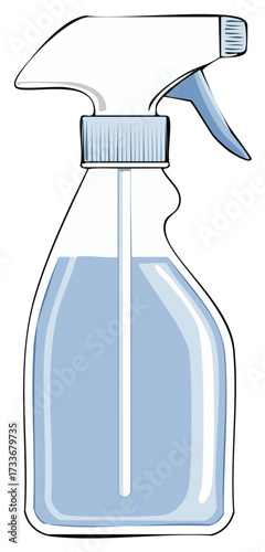 Handheld spray bottle with blue liquid and a white trigger sprayer and nozzle