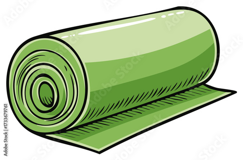 Cartoon Illustration of Green Exercise Mat Rolled for Yoga or Fitness