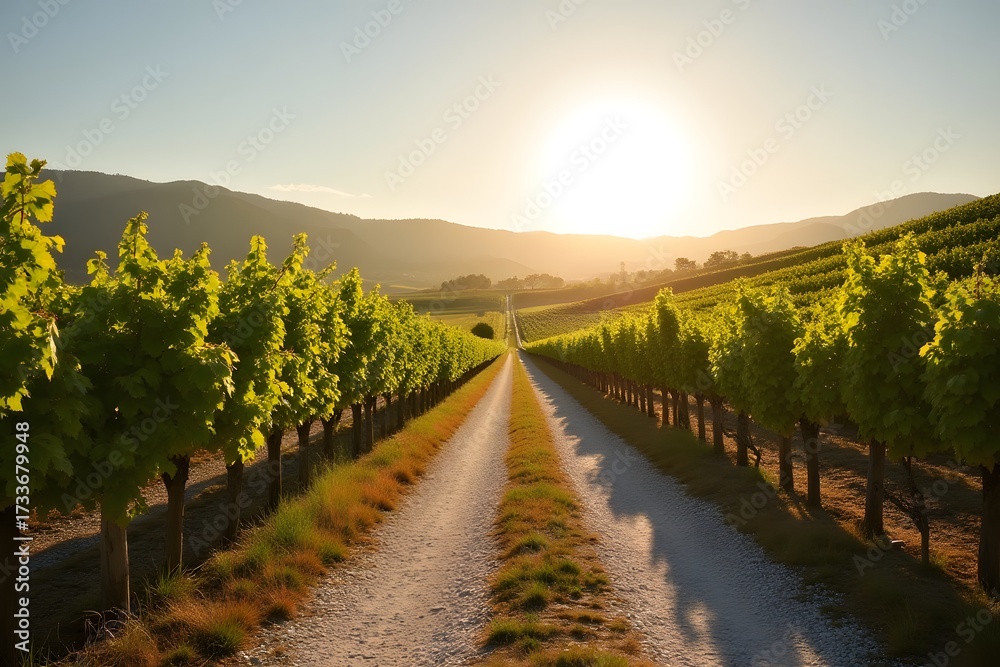 Naklejka premium A gravel road leading into rolling vineyards under soft sunlight.