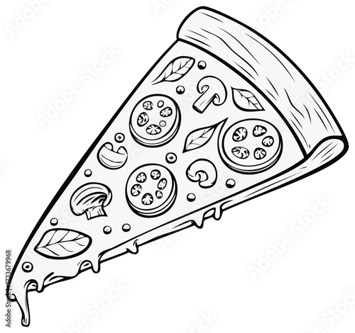 Hand drawn cartoon slice of pizza with mushrooms and pepperoni.