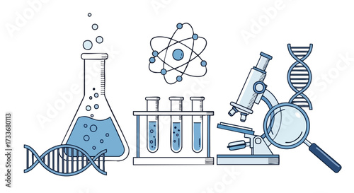 A collection of scientific research and discovery icons including DNA, a microscope, beakers, and atomic models.
