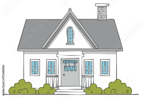 Charming Hand Drawn House Illustration with Gable Roof and Decorative Bushes for Real Estate Concepts