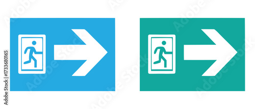 Emergency exit signs. in blue and green isolated on white background.