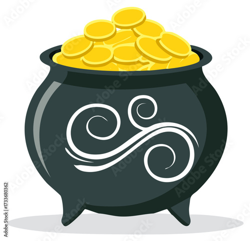 Pot of gold coins with Celtic design illustration.