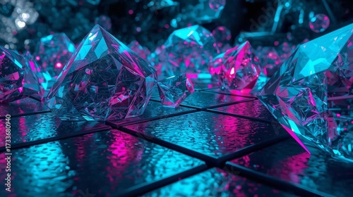 Futuristic crystal formations illuminated by neon blue and magenta lights.