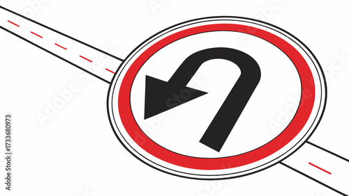 U-Turn Traffic Sign Vector Illustration on Road with Dashed Lines, Isolated Graphic for Navigation and Directional Guidance