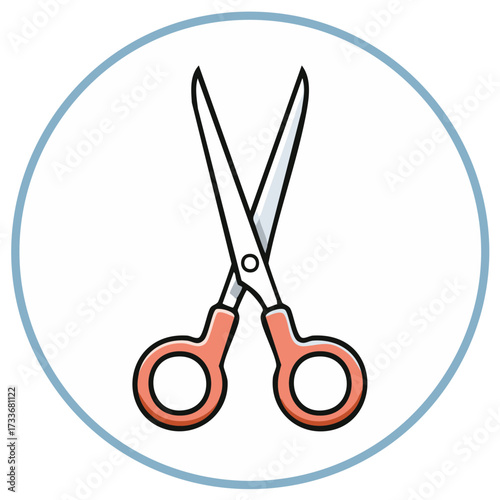 Simple illustration of open scissors with coral handles inside a blue circle