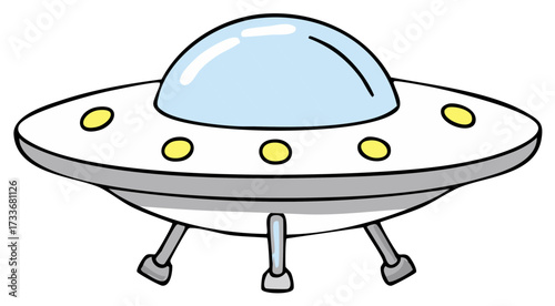 Cartoon UFO Flying Saucer Illustration with Lights and Landing Gear