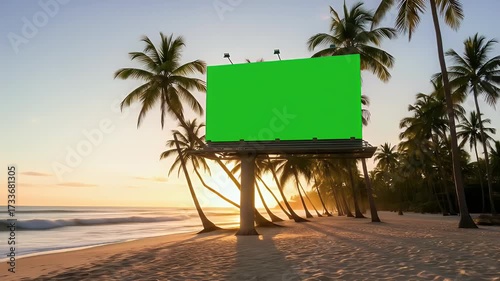 Billboard structure on a tropical beach at sunset with green screen palm trees and ocean golden sunlight and warm colors creating a beautiful atmosphere
